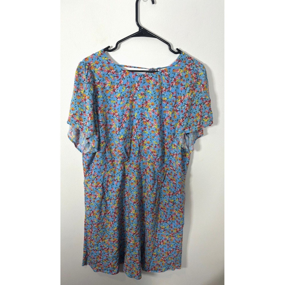 Loft Blue Floral Dress Size 14 Short Sleeve Date Night Dress with Pockets